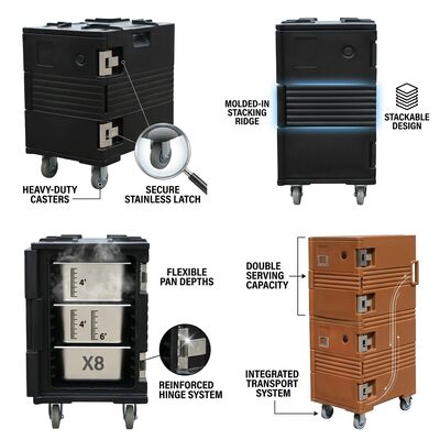 Thiết bị phục vụ ăn uống thương mại 88L Khép kín nồi thức ăn mang theo Nạp hàng phía trước Trình phục vụ di động