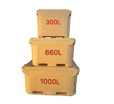 Thùng chứa vận chuyển thực phẩm màu vàng cách ly tay cao su với bánh xe pallet dưới cùng