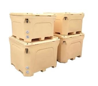 Thùng chứa vận chuyển thực phẩm màu vàng cách ly tay cao su với bánh xe pallet dưới cùng