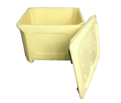 Thùng chứa vận chuyển thực phẩm màu vàng cách ly tay cao su với bánh xe pallet dưới cùng